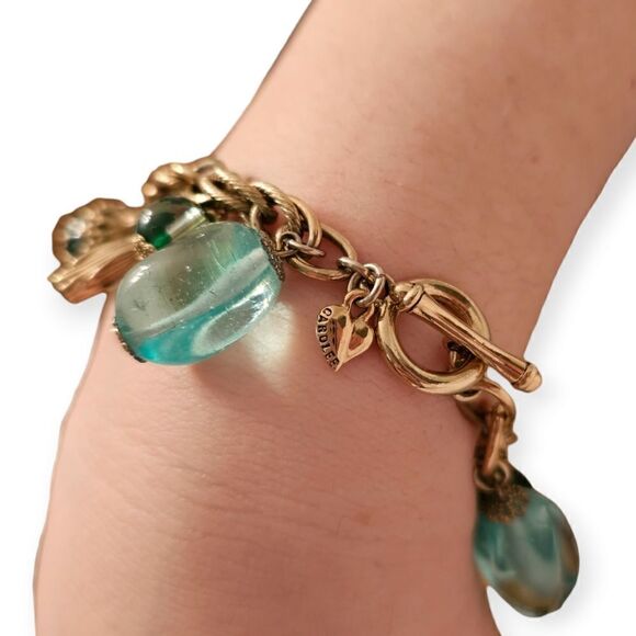 Vintage Carolee Gold Chunky Aqua Blue Multi-faceted Beaded Charm Bracelet - Picture 5 of 7